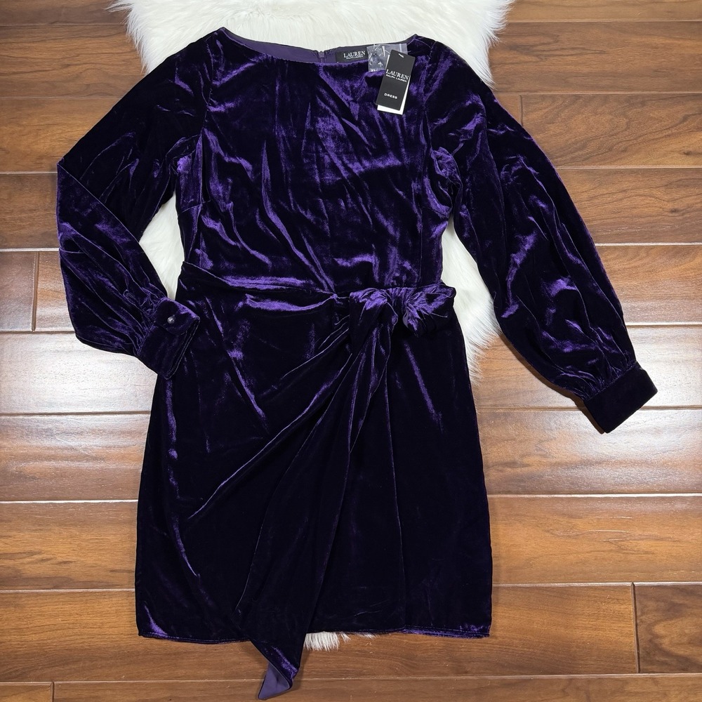 Lauren Ralph Lauren Women's Size 10 Purple Twist Front Velvet Long Sleeve Dress